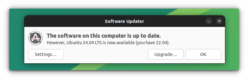 Software Updater application showing 24.04 "Update is Available" notification