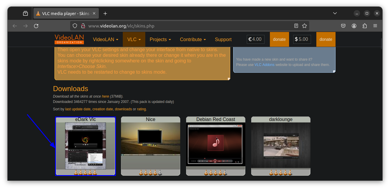 Click on the eDark Vlc theme in the official theme download page