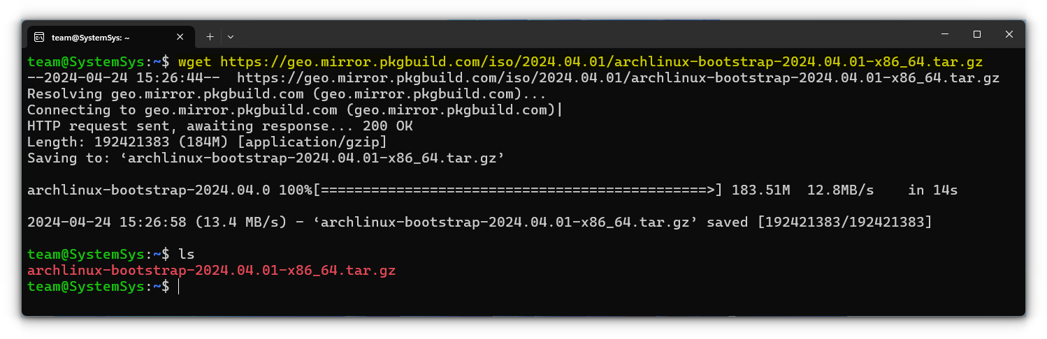 Downloading the tar file for Arch Linux. Later, it is listed on the directory.