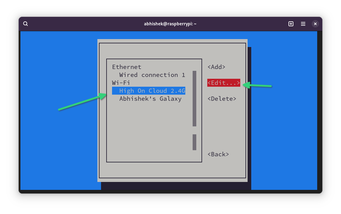 Edit network connection in nmtui