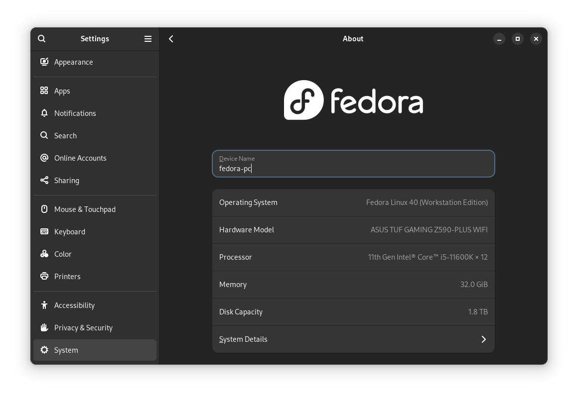 fedora about section that allows changing hostname