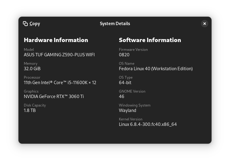 fedora 40 about info