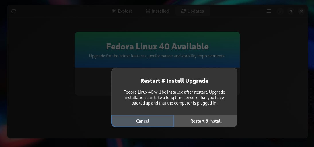 Confirm restart and start installation after reading the warnings like plug your system to a power supply.