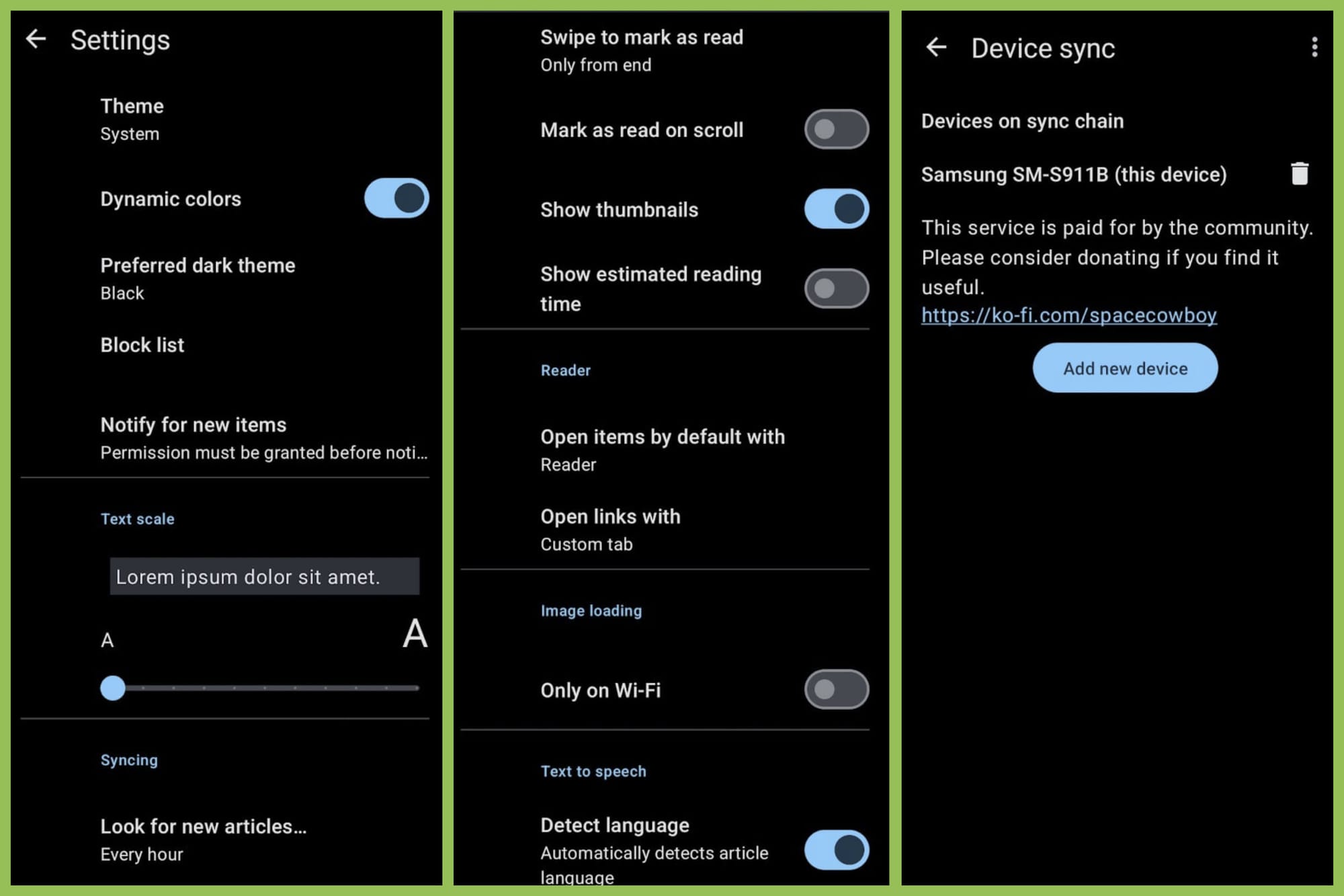 feeder settings screenshots