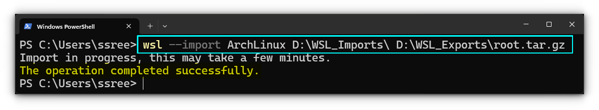 Importing Arch Linux using wsl import command