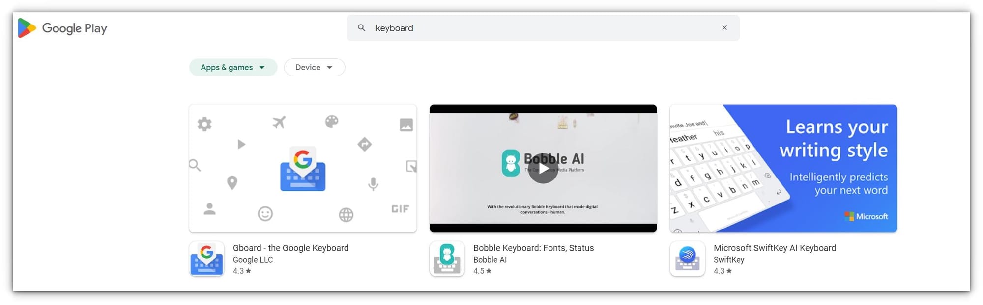 google play store keyboard listings