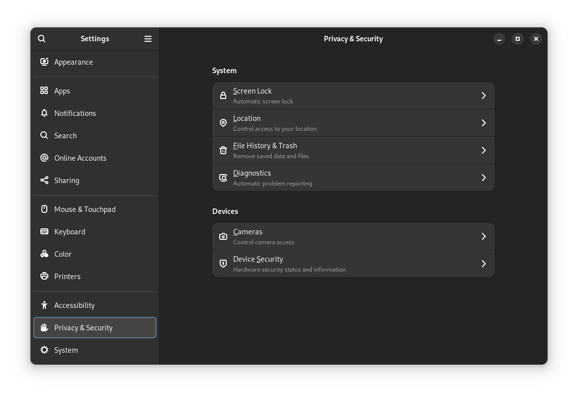 fedora 40 privacy security settings