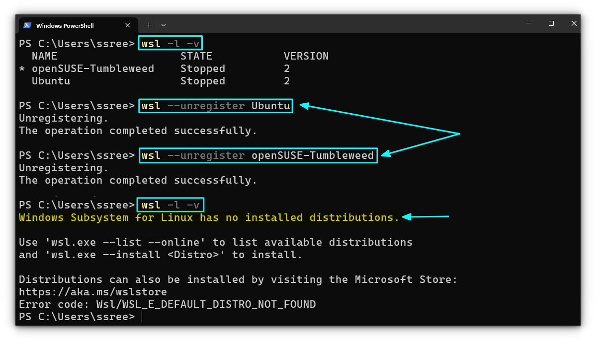 Unregister a distribution in WSL