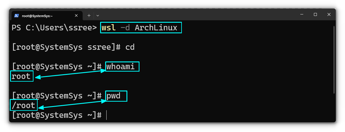 Running `whoami` command on Arch Linux instance