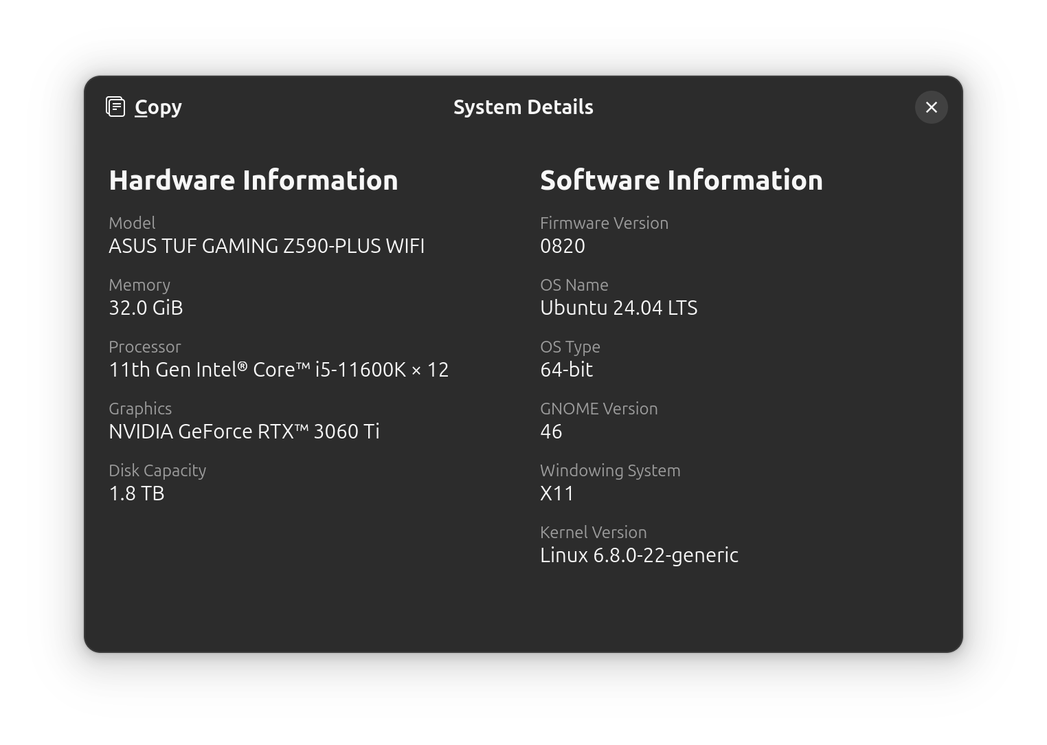 System Information page in Ubuntu 23.10 Mantic Minotaur