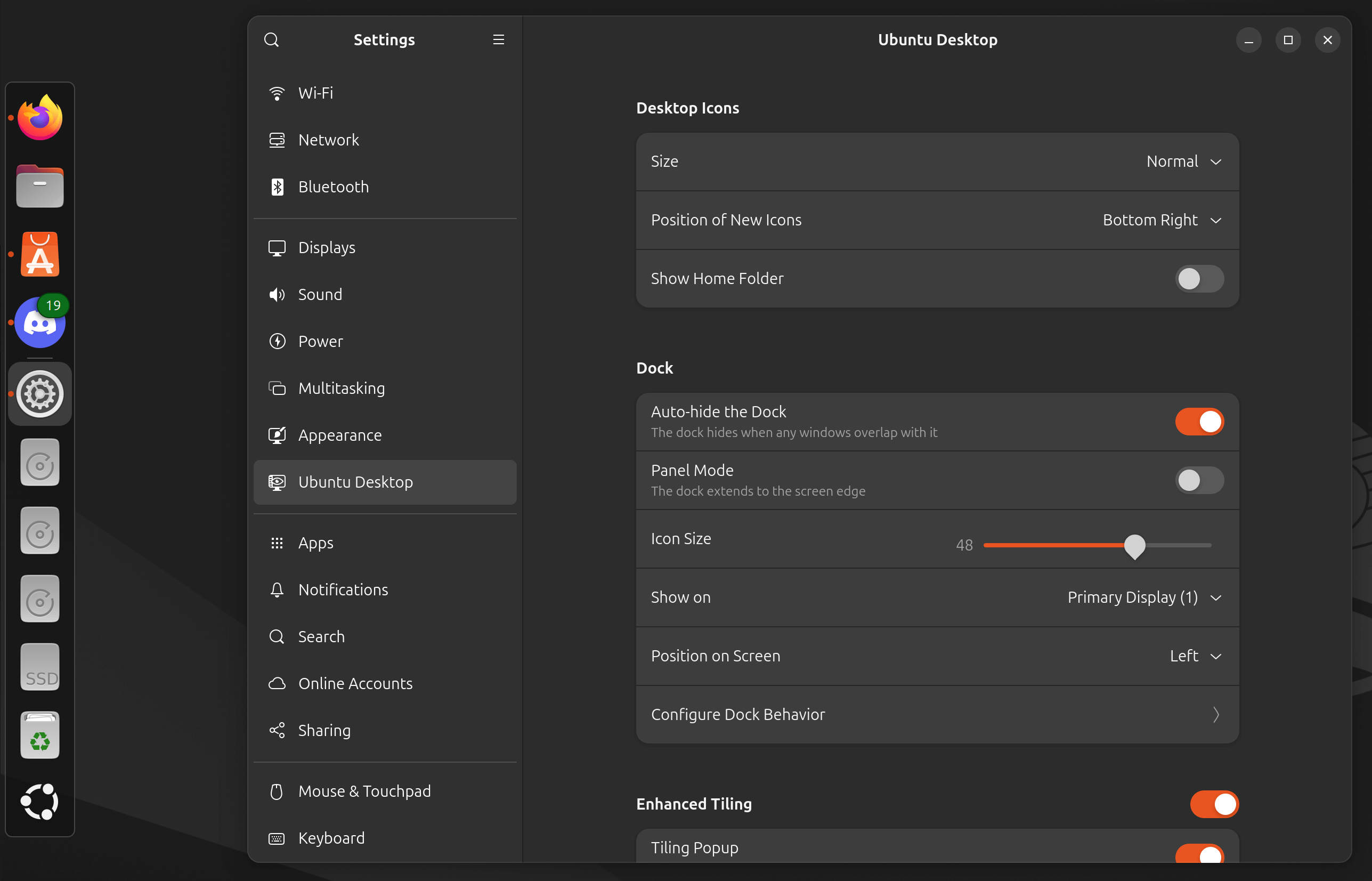ubuntu 24.04 desktop dock settings
