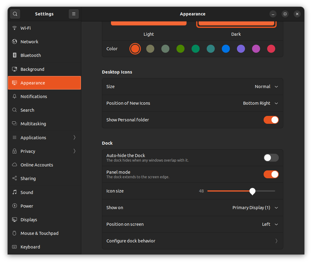 ubuntu 22.04 appearance settings