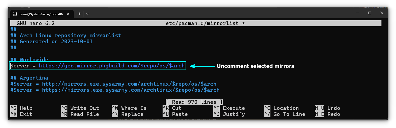 Edit the mirror file and uncomment selected servers