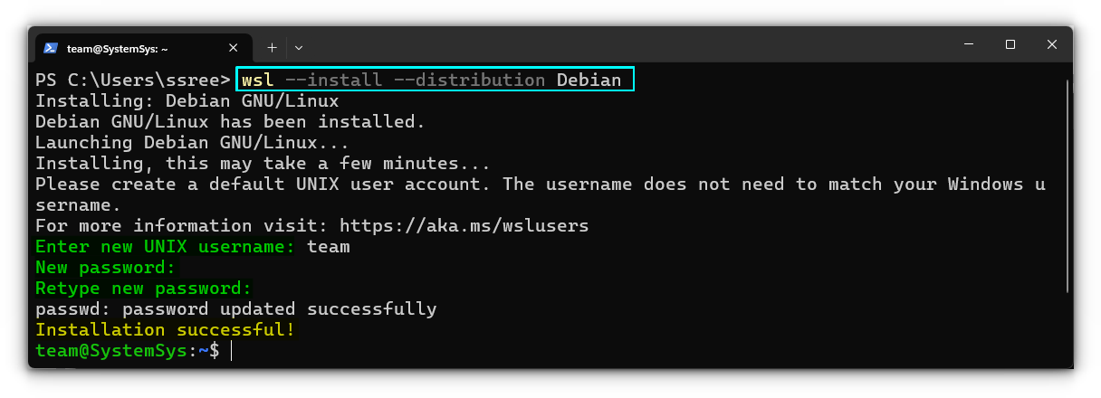 Install Debian in WSL. Since Debian is not the default distribution, we need to specify it explicitly.