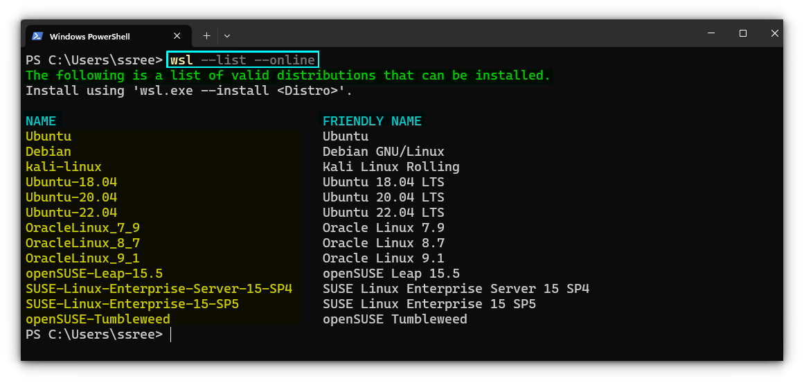 List all the available distributions is showed in terminal, that can be installed using either terminal or from Microsoft store.