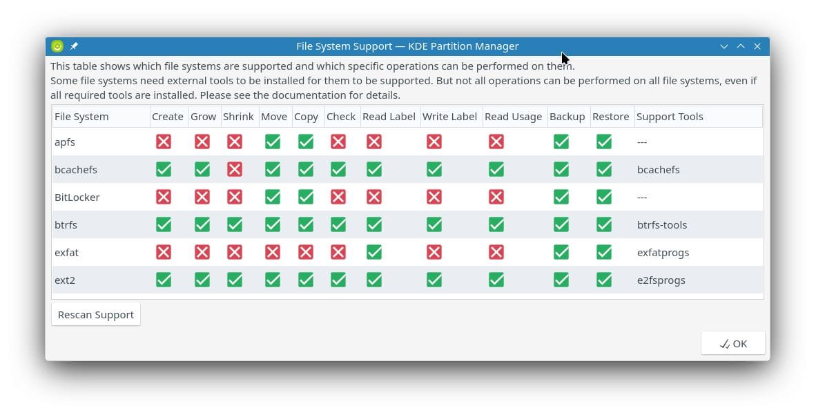 a screenshot of kaos 2024.05 bcachefs support in parition manager