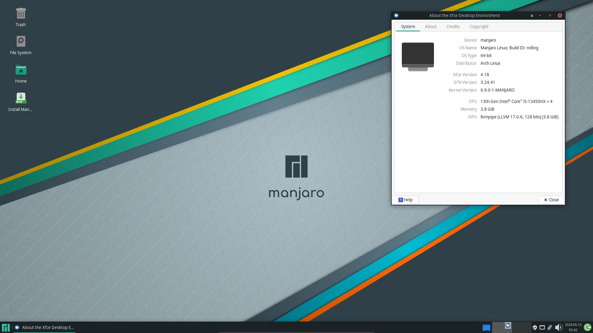 a screenshot of manjaro 24.0 wynsdey xfce flavor