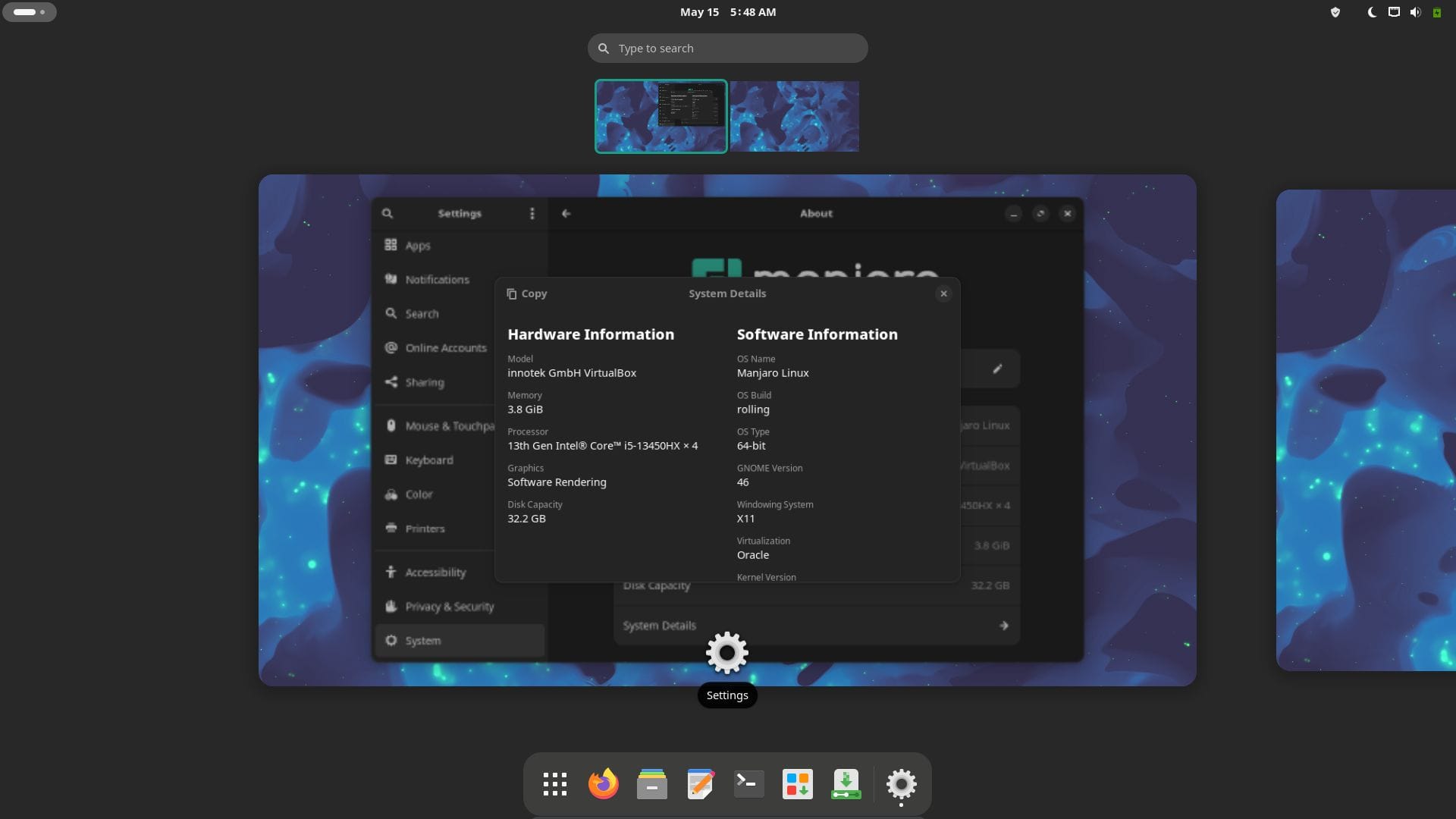a screenshot of manjaro 24.0 wynsdey gnome flavor