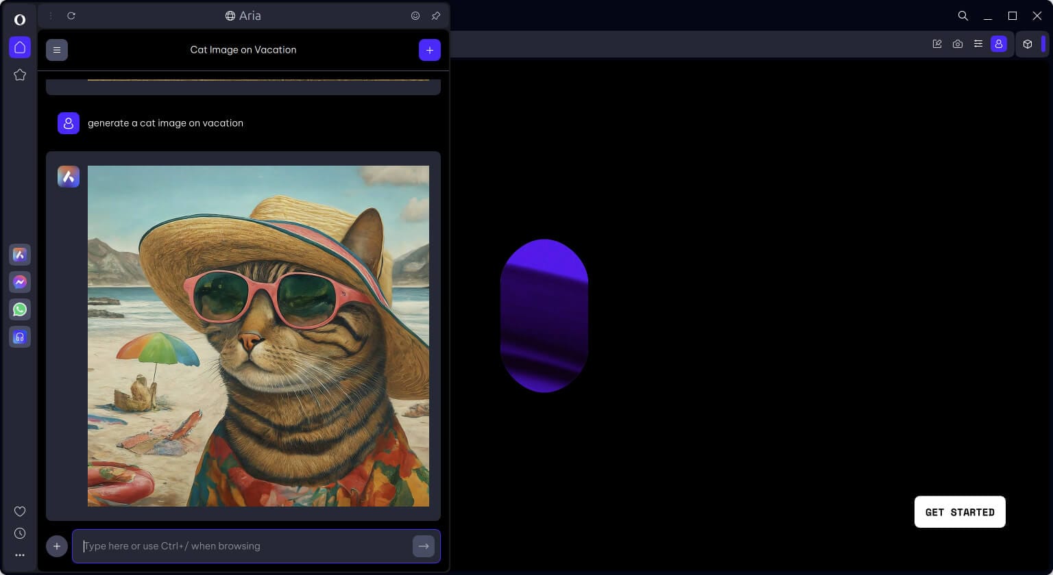 a screenshot of opera browser aria browser ai image generation in action