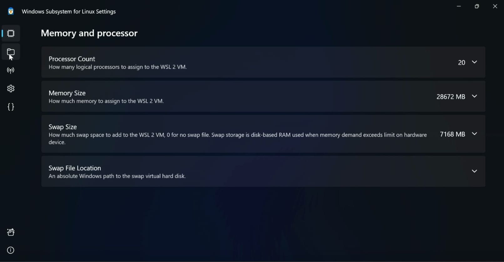 a screenshot of the gui settings application for windows subsystem for linux