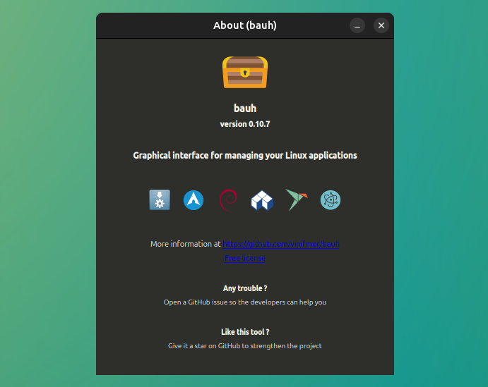 About page of bauh, tool to manage Snaps, Flatpaks, AppImages, etc.