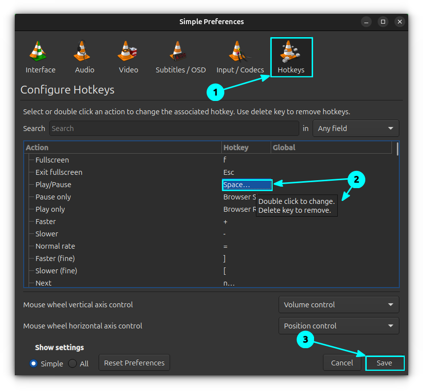 Change the hotkey of a particular function through VLC preferences.