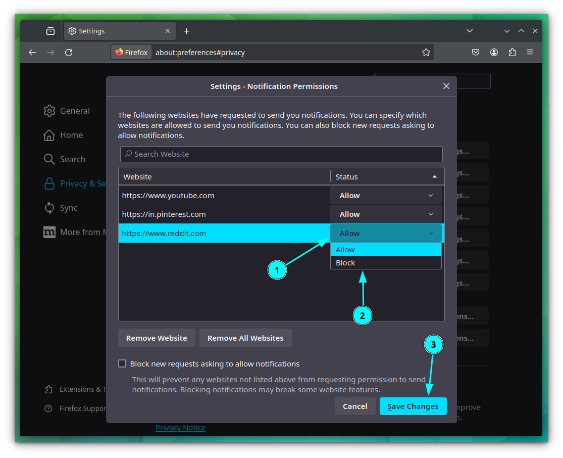 Block the notification permission for individual sites using the Notification settings window.