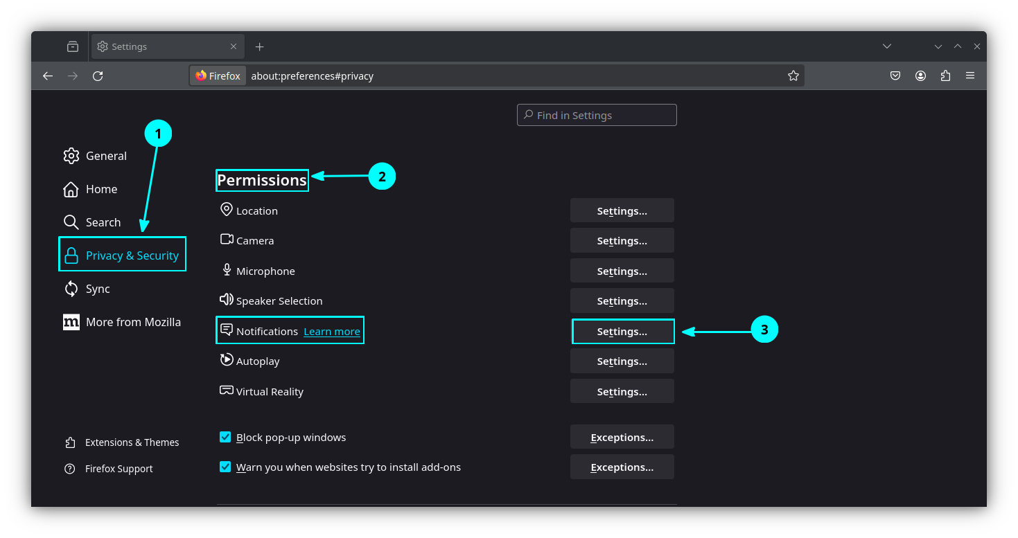 Click on the “Settings” button adjacent to the Notifications. You can locate this in the "Permissions" section of the "Privacy and Security" tab in Firefox settings.