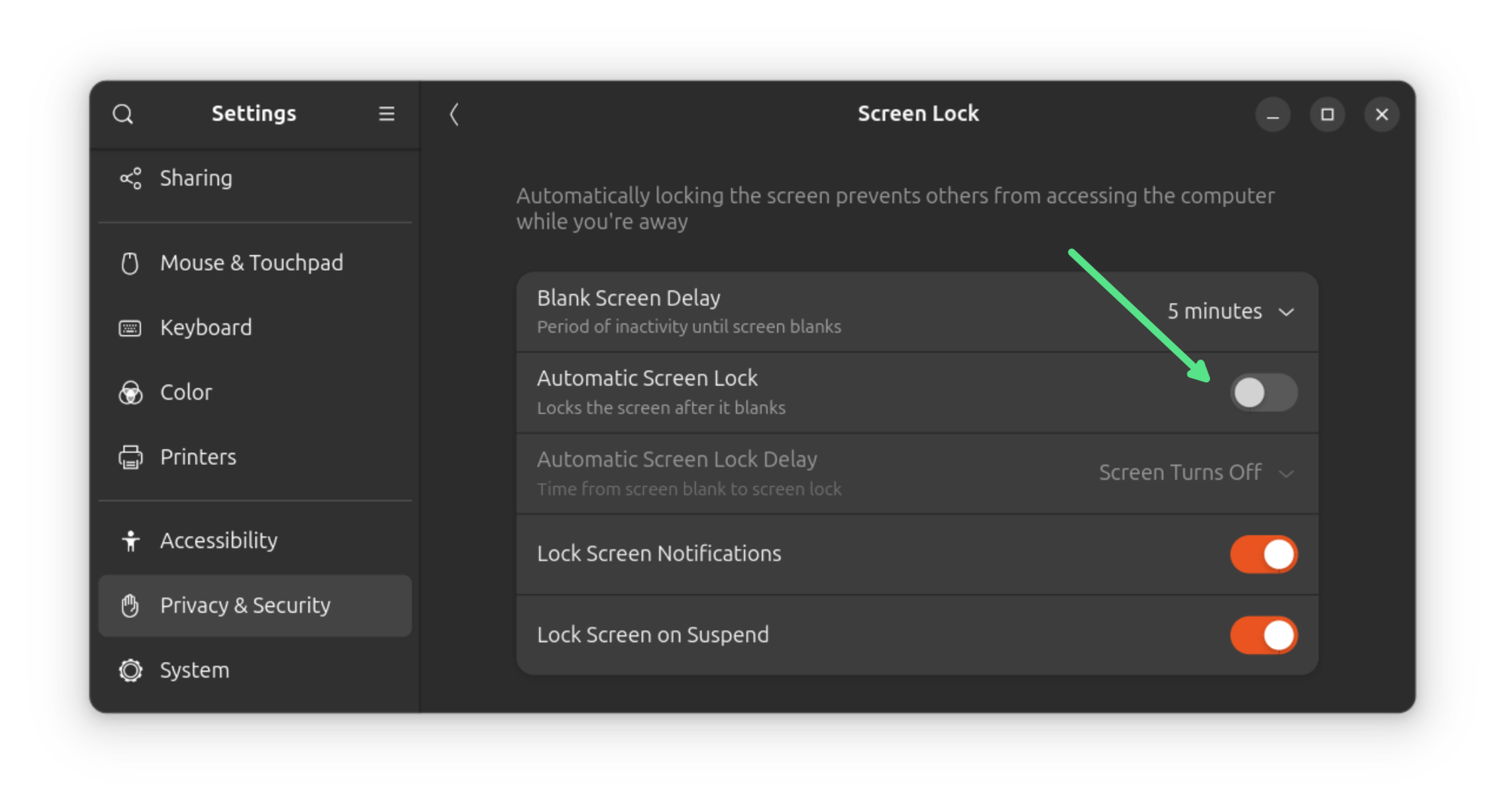 Disabling automatic screen lock feature in Ubuntu