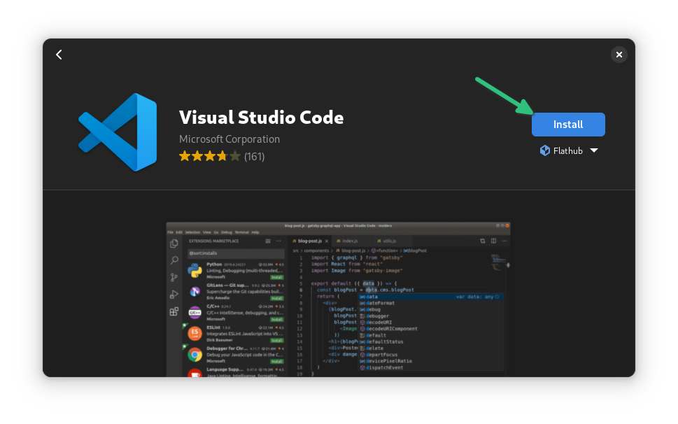 Installing VS Code from the software center in Fedora