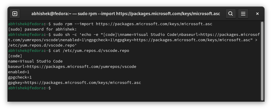 Installing VS Code YUM repo in Fedora