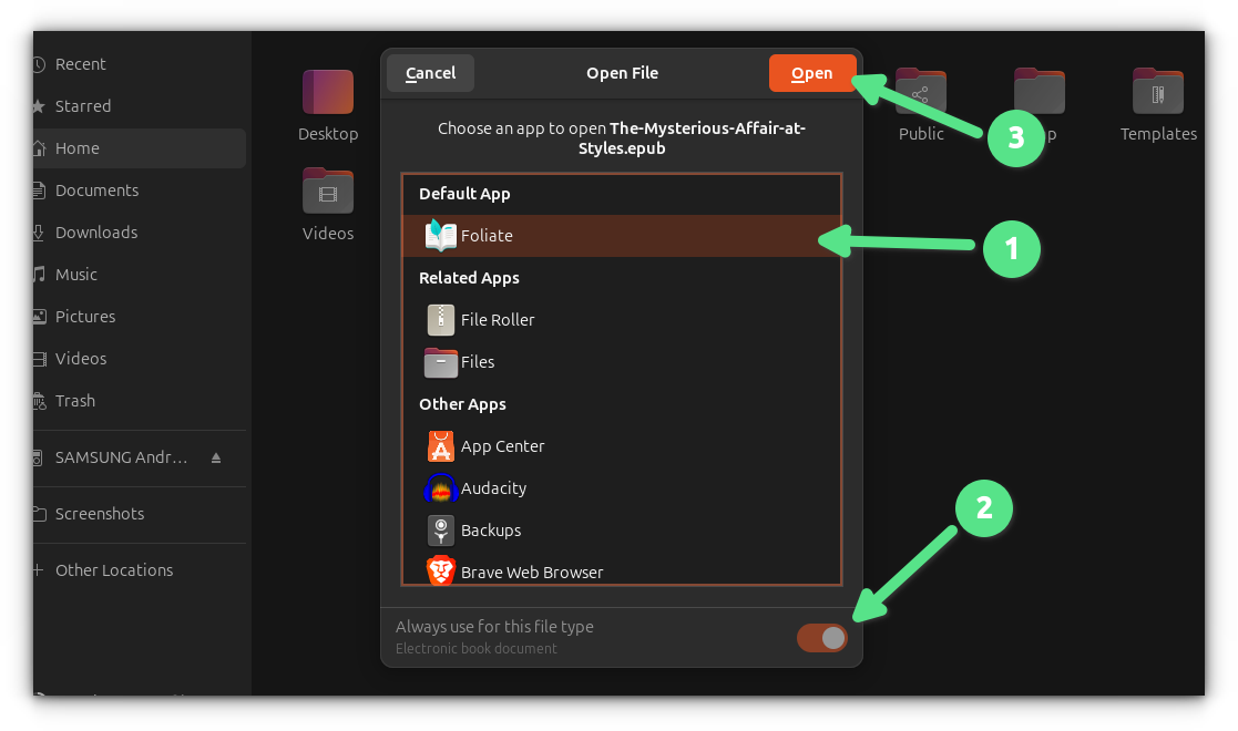 Make Foliate default app for epub files in Ubuntu Linux