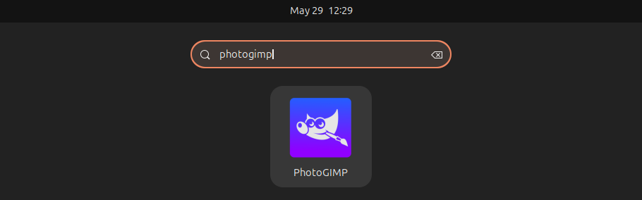 PhotoGIMP app is shown in the Ubuntu Activities overview search result