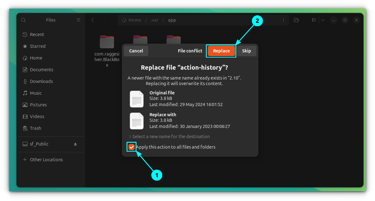 Replace some existing files of the same name when asked during the paste operation.