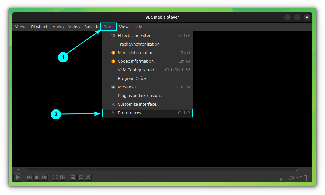 From the main menu, select Tools and then choose Preferences, to open VLC preferences window.