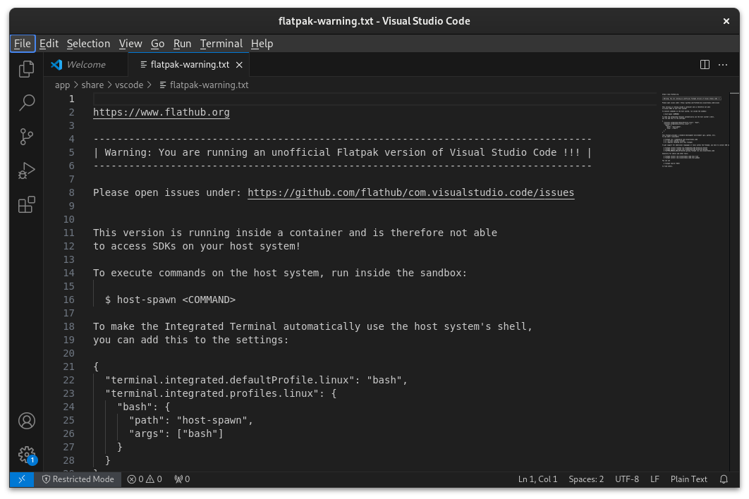 VS Code Flatpak warning