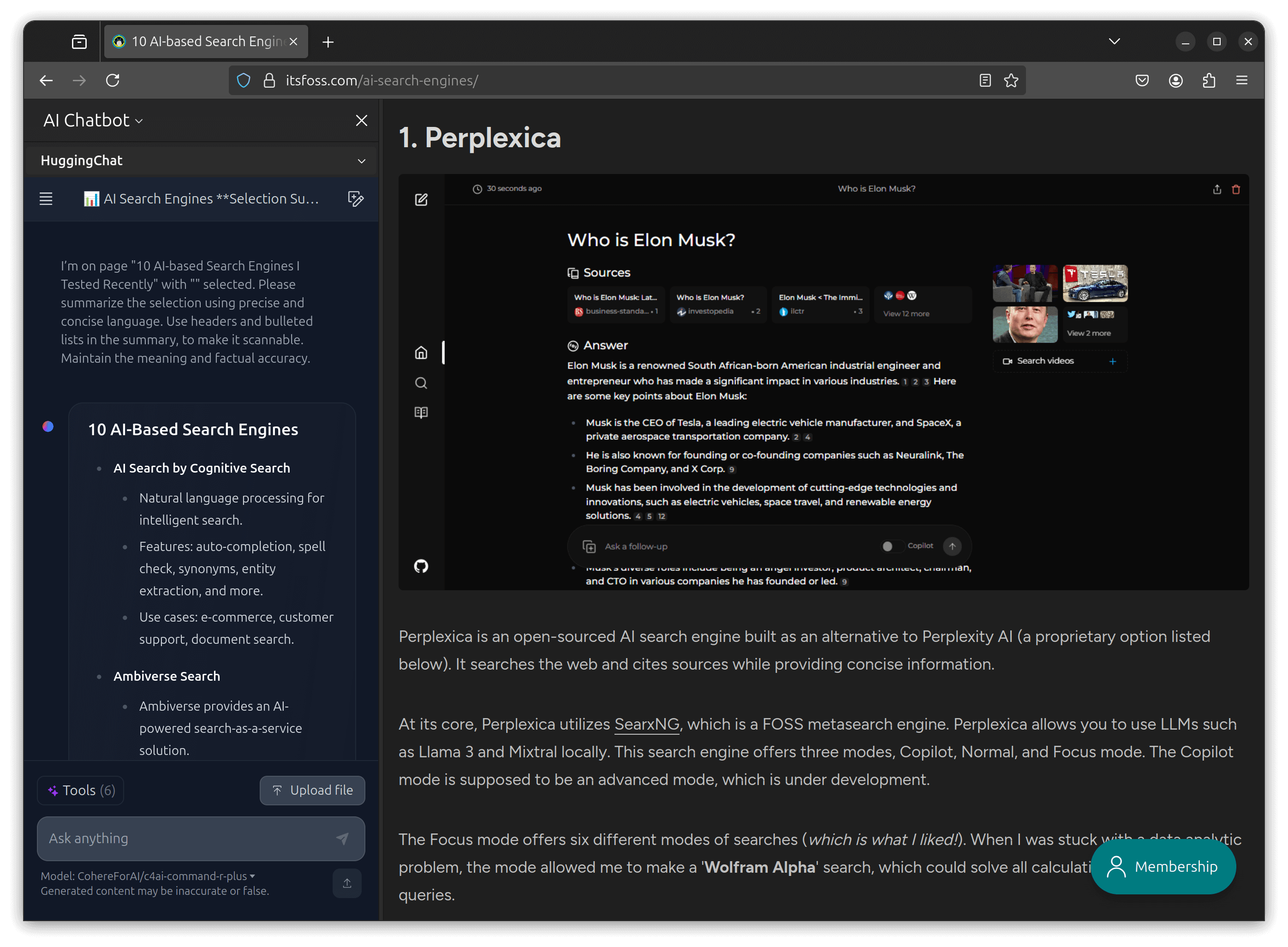 a screenshot of firefox ai chatbot integration summarizing an itsfoss article on 10 ai based search engines