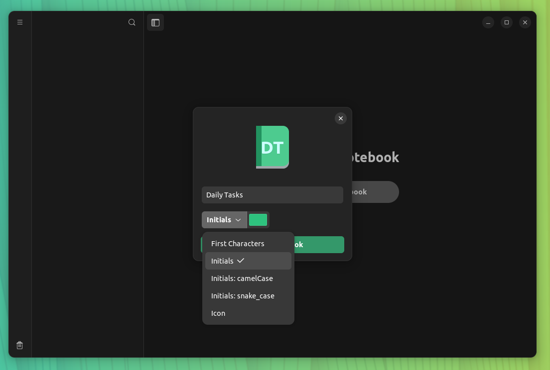 a screenshot of folio new notebook icon selection submenu