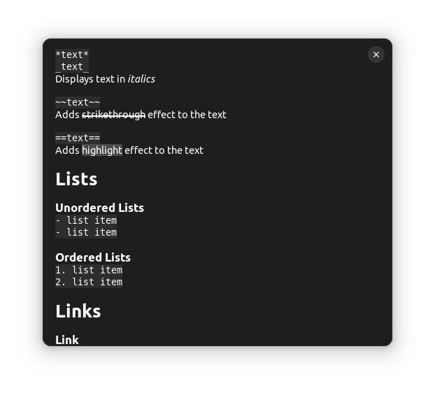 a screenshot of folio markdown cheatsheet