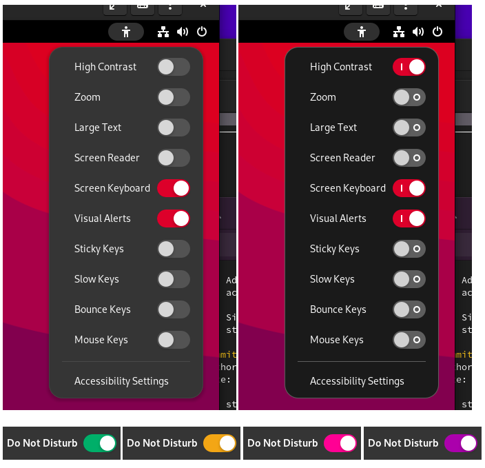 a screenshot of the accent colors functionality in action on gnome