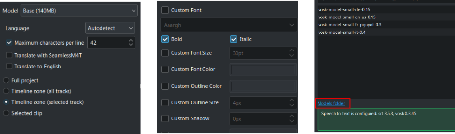 a screenshot of various subtitle options in kdenlive 24.05.0