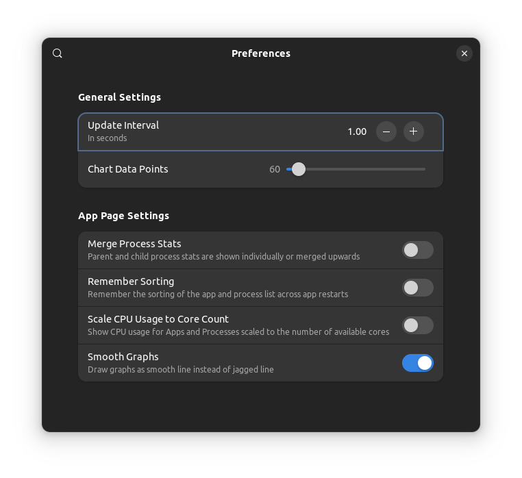a screenshot of mission center 0.5.0 preferences menu
