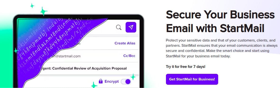 a screenshot of the startmail business webpage
