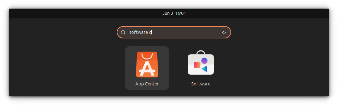 Both Snap-focussed App Center, and GNOME Software App are shown in the Ubuntu Activities Overview.