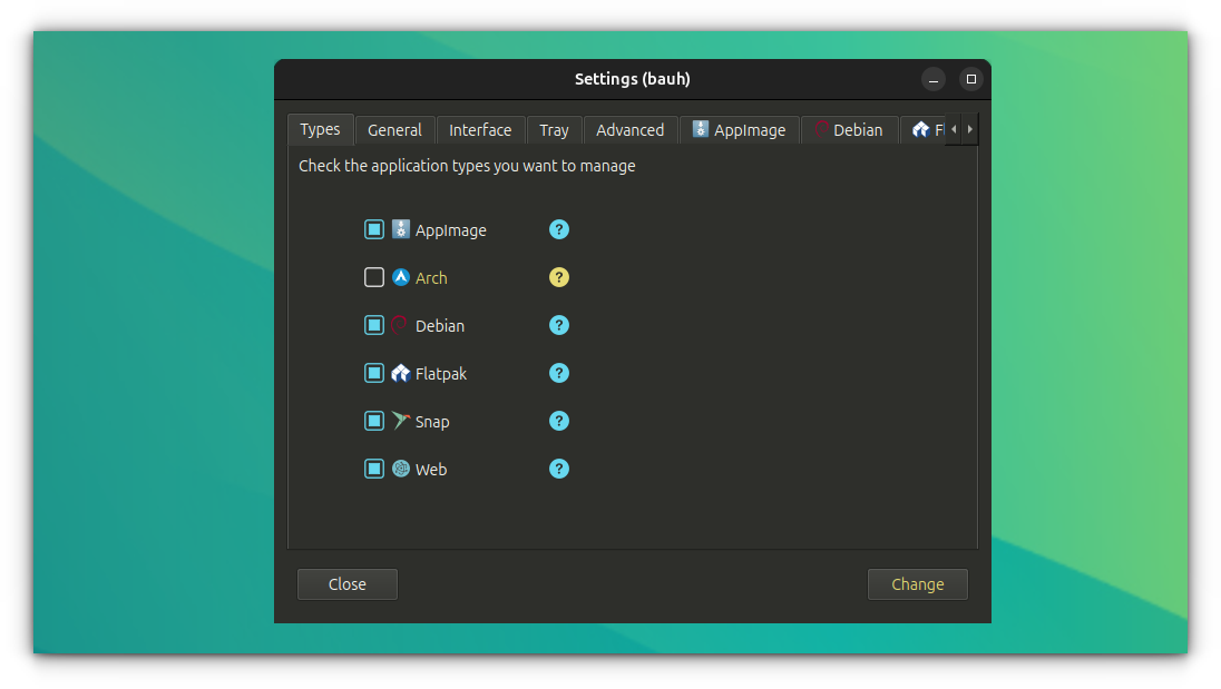 bauh app settings window with various settings as separate tabs.