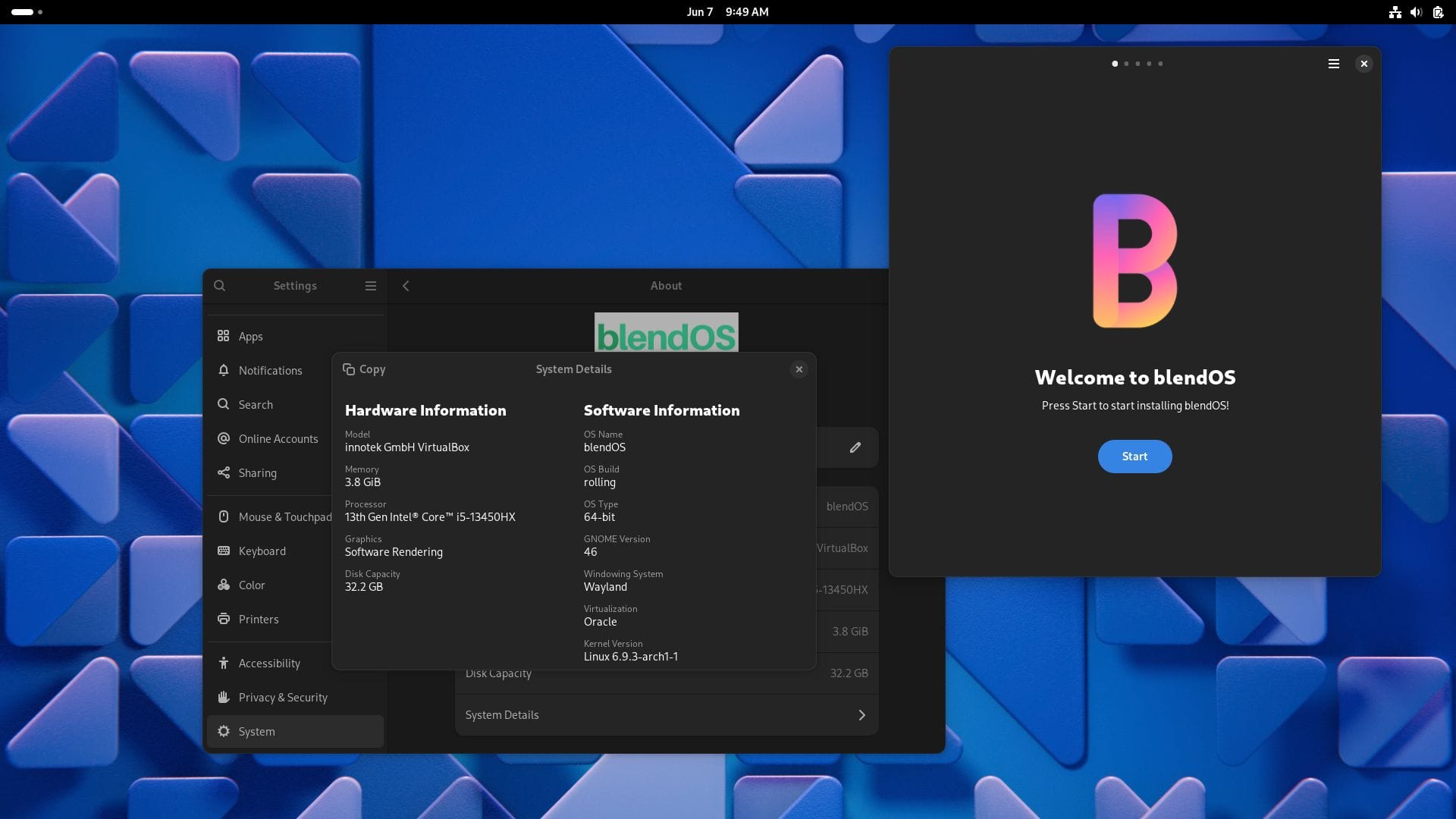 a screenshot of blendos v4 desktop view with the welcome and system details windows open