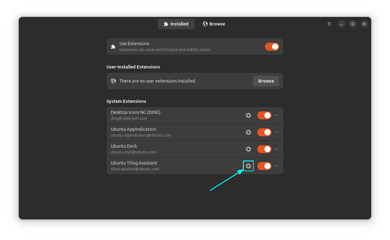 Click on the settings gear icon adjacent to the Ubuntu Tiling Assistant extension.