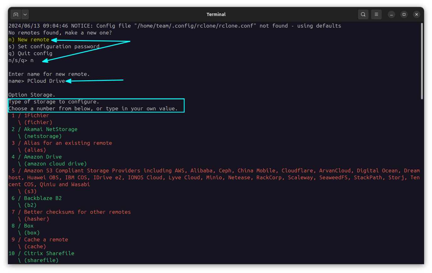 Create a new remote and name the drive according to your requirements. Here, it is pCloud.