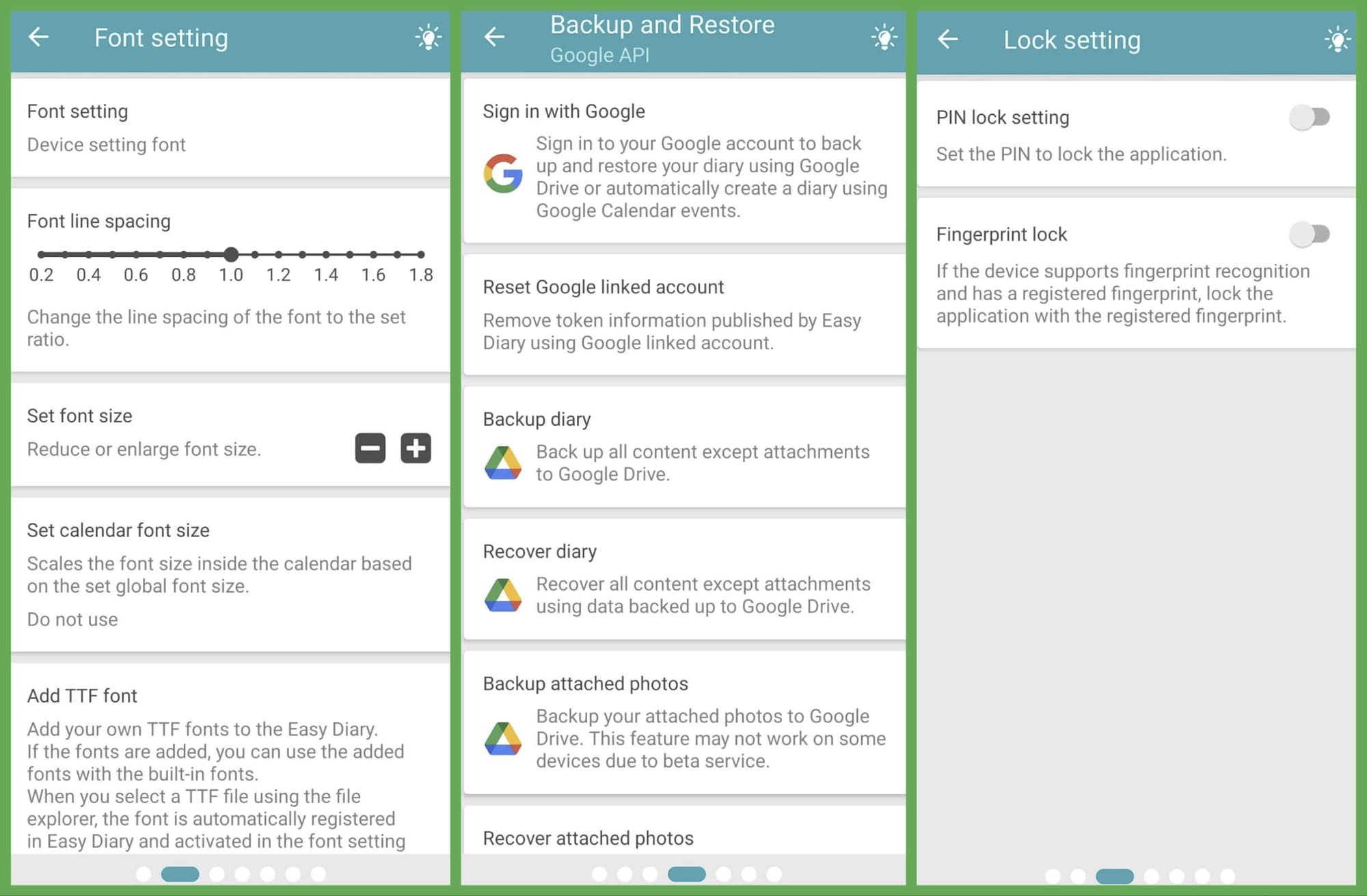 easy diary settings screenshot