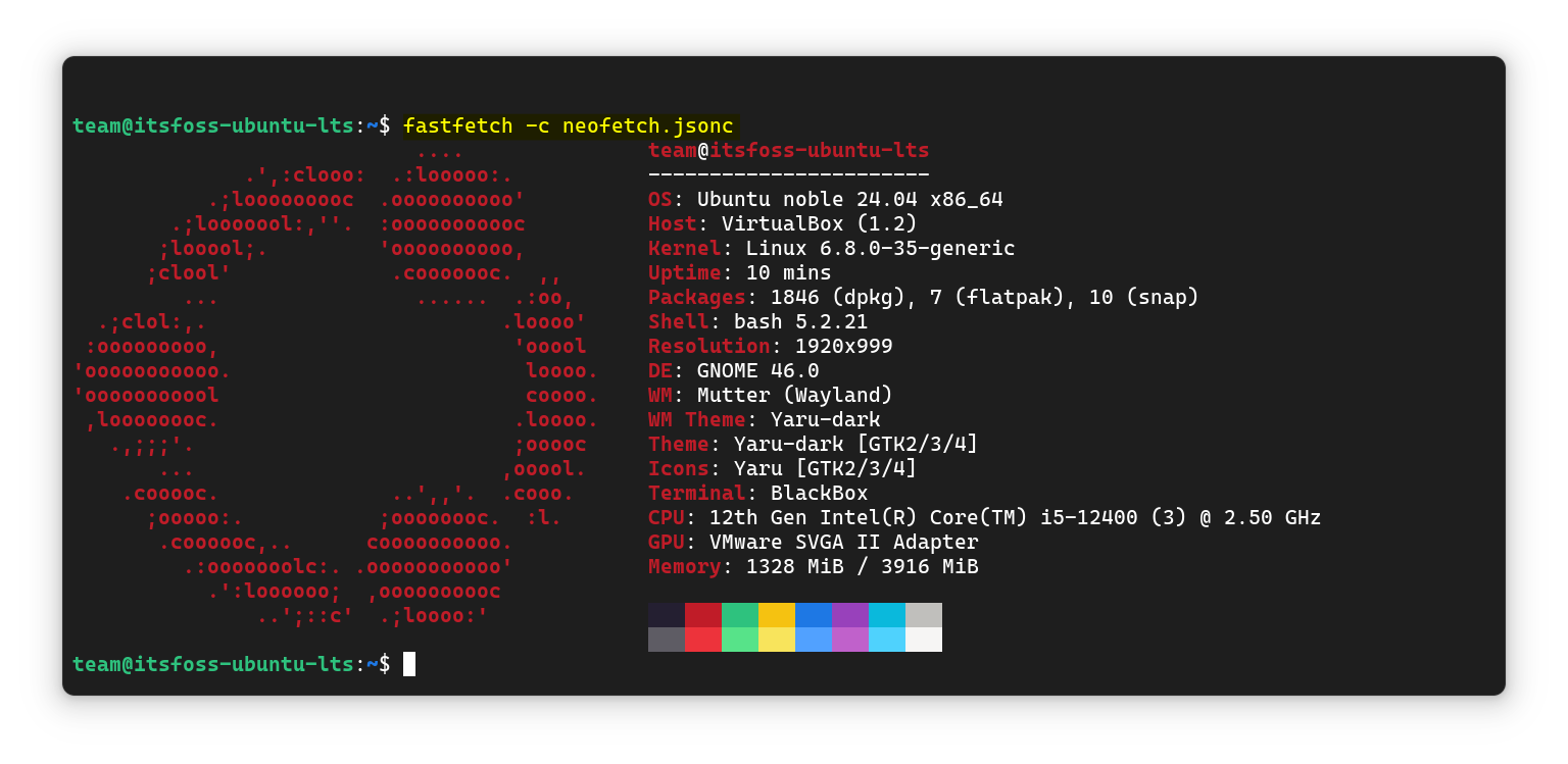 Fastfetch loading with a Neofetch configuration.